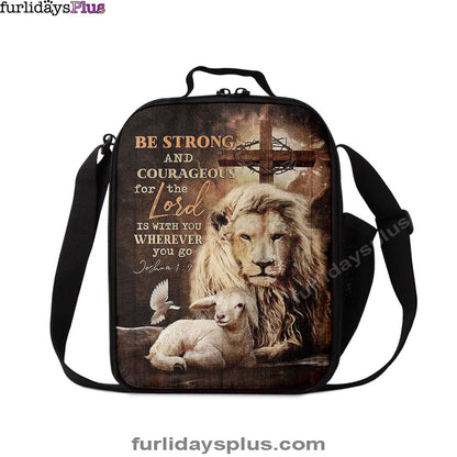 Christian Lunch Bag, Be Strong And Courageous Lion White Lamb Lunchbag, Lunch Bag, Lunch Bags For Adults