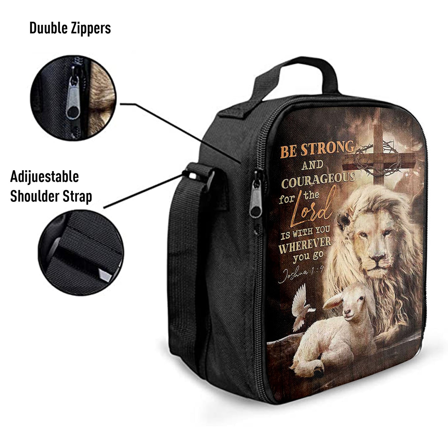 Christian Lunch Bag, Be Strong And Courageous Lion White Lamb Lunchbag, Lunch Bag, Lunch Bags For Adults