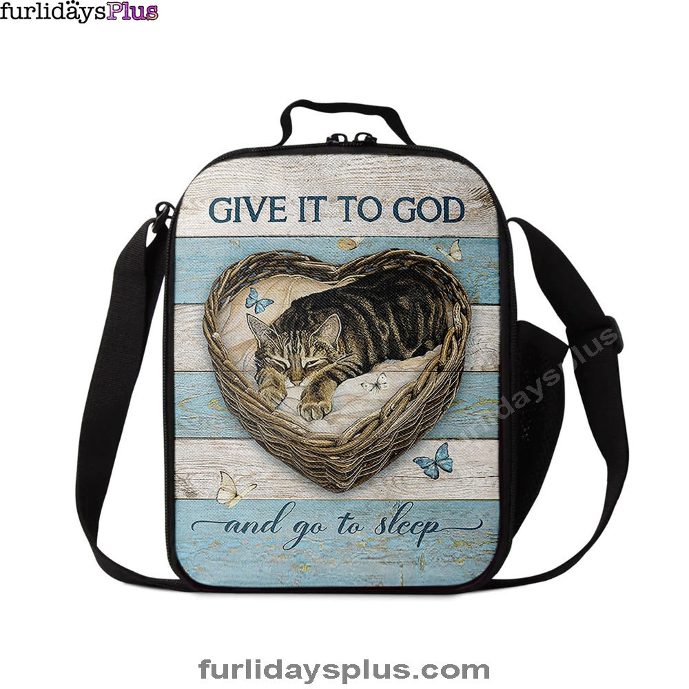 Christian Lunch Bag, Blue Butterfly Cat Give It To God And Go To Sleep Lunchbag, Lunch Bag, Lunch Bags For Adults