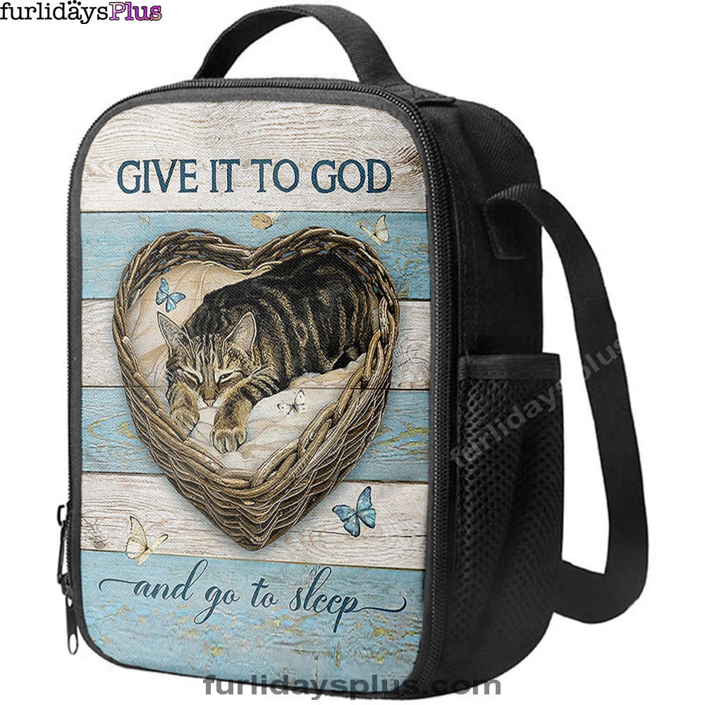 Christian Lunch Bag, Blue Butterfly Cat Give It To God And Go To Sleep Lunchbag, Lunch Bag, Lunch Bags For Adults