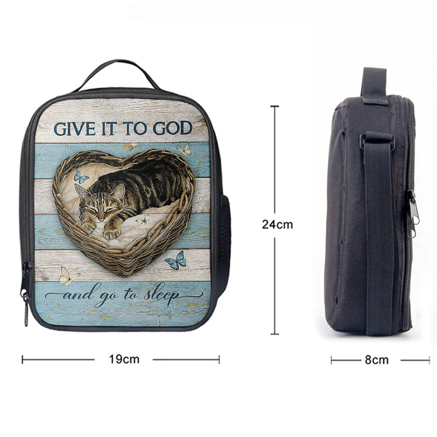 Christian Lunch Bag, Blue Butterfly Cat Give It To God And Go To Sleep Lunchbag, Lunch Bag, Lunch Bags For Adults