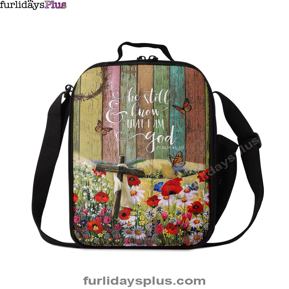 Christian Lunch Bag, Flower Field Butterfly Be Still And Know That I Am God Lunchbag, Lunch Bag, Lunch Bags For Adults