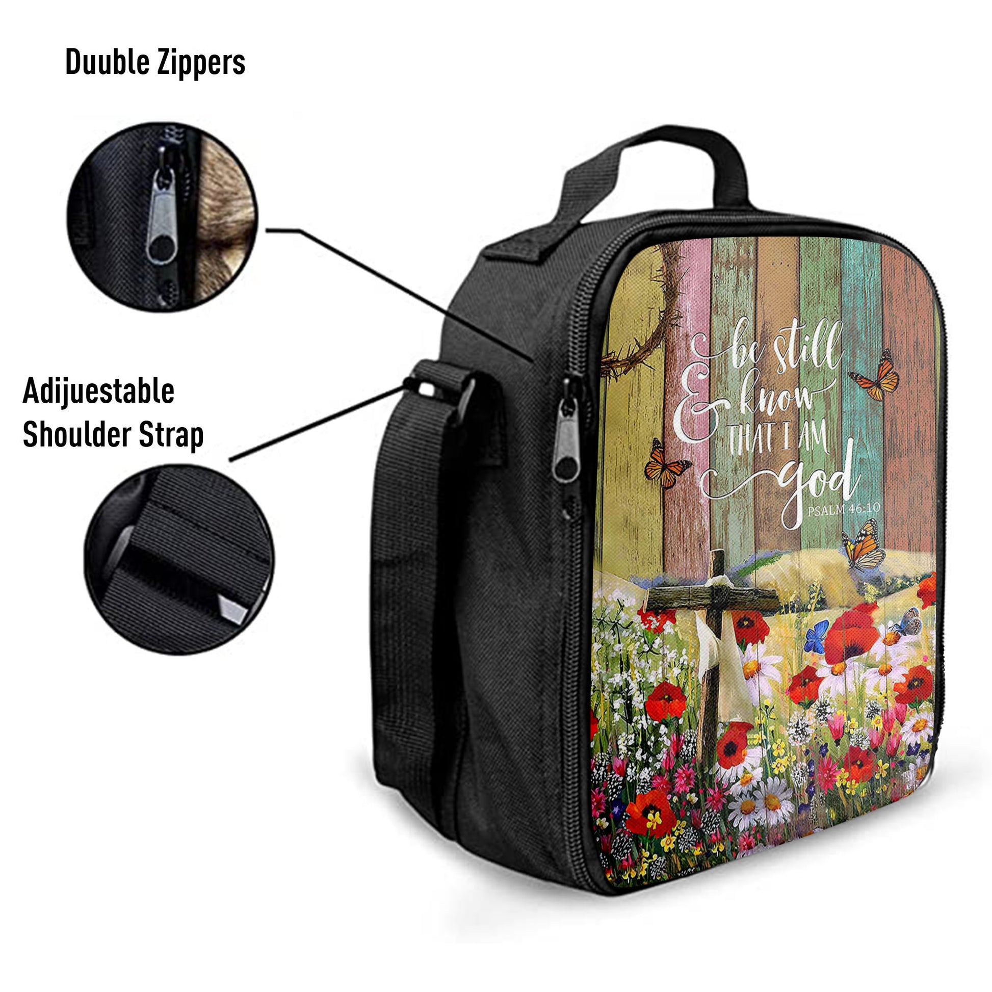 Christian Lunch Bag, Flower Field Butterfly Be Still And Know That I Am God Lunchbag, Lunch Bag, Lunch Bags For Adults