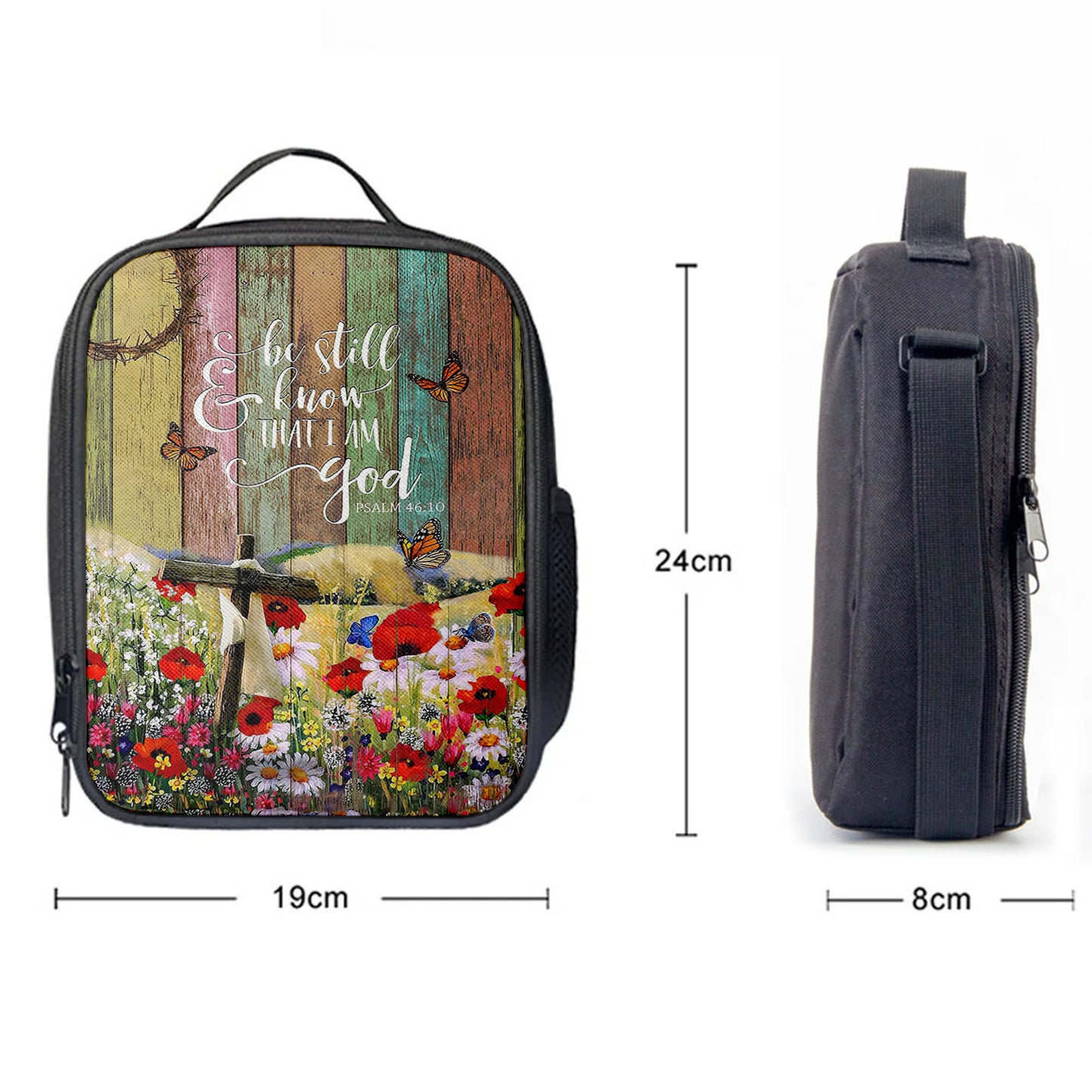 Christian Lunch Bag, Flower Field Butterfly Be Still And Know That I Am God Lunchbag, Lunch Bag, Lunch Bags For Adults