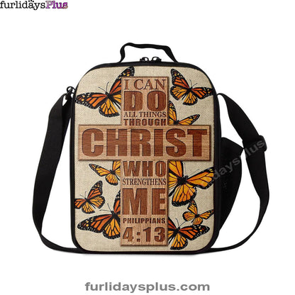 Christian Lunch Bag, Lunch Bag, I Can Do All Things Through Christ Who Strengthens Me Cross Orange Butterfly Lunch Bag, Lunch Bags For Adults