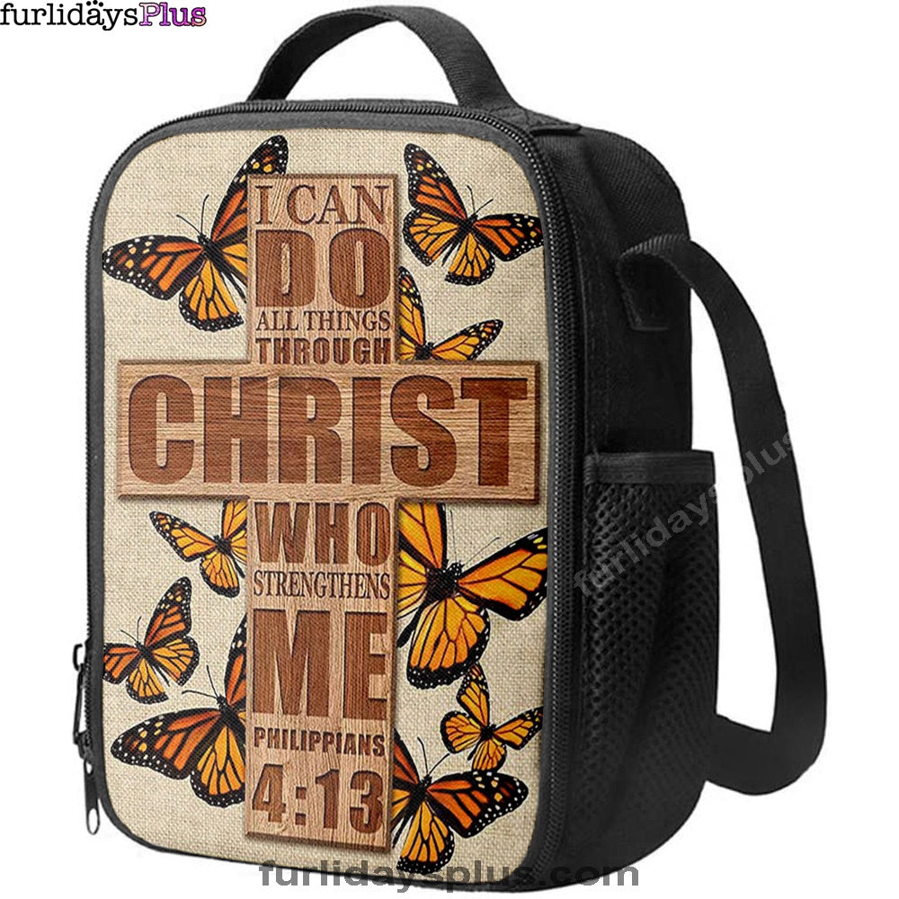Christian Lunch Bag, Lunch Bag, I Can Do All Things Through Christ Who Strengthens Me Cross Orange Butterfly Lunch Bag, Lunch Bags For Adults