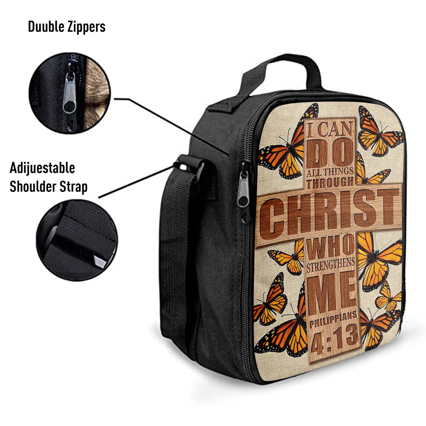Christian Lunch Bag, Lunch Bag, I Can Do All Things Through Christ Who Strengthens Me Cross Orange Butterfly Lunch Bag, Lunch Bags For Adults