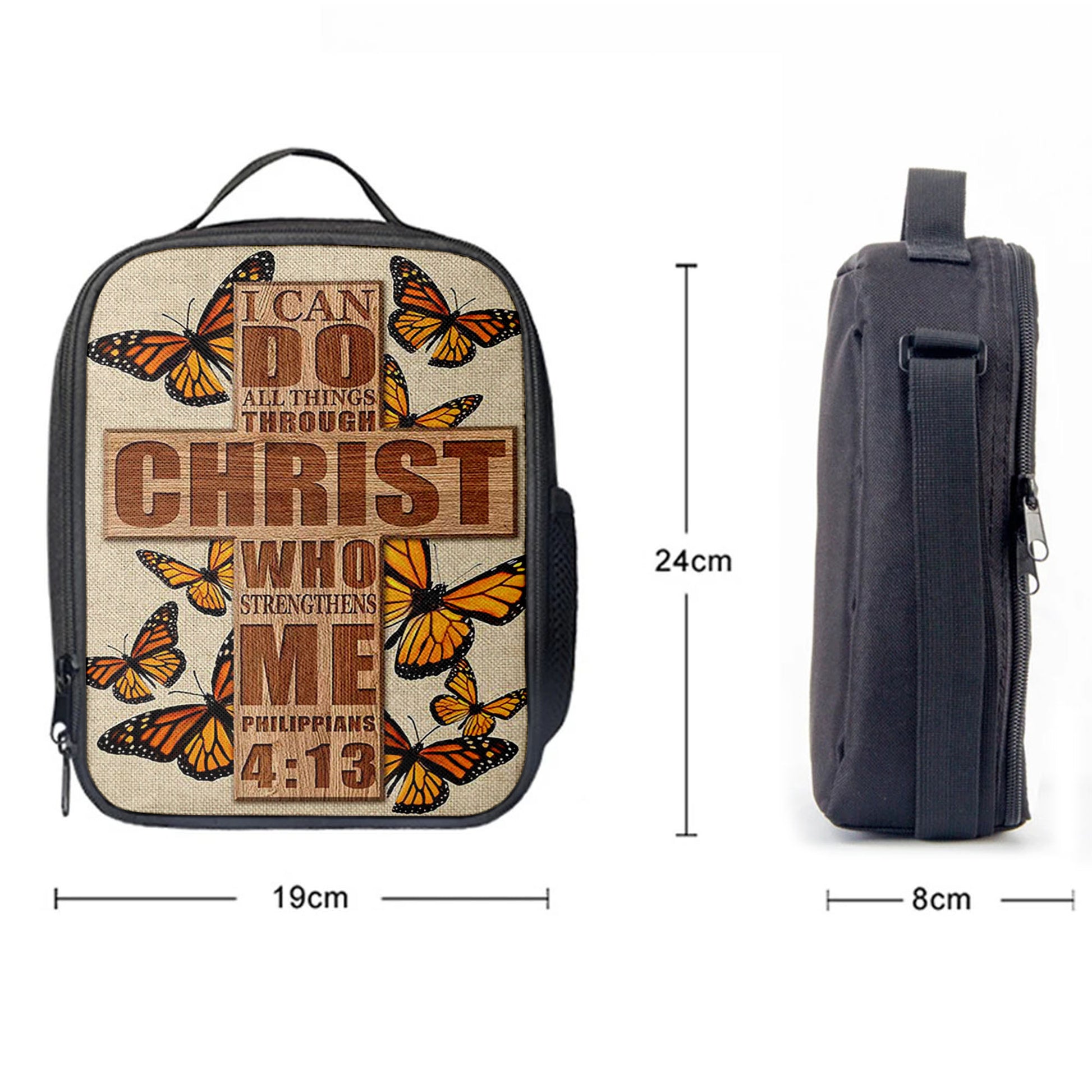 Christian Lunch Bag, Lunch Bag, I Can Do All Things Through Christ Who Strengthens Me Cross Orange Butterfly Lunch Bag, Lunch Bags For Adults