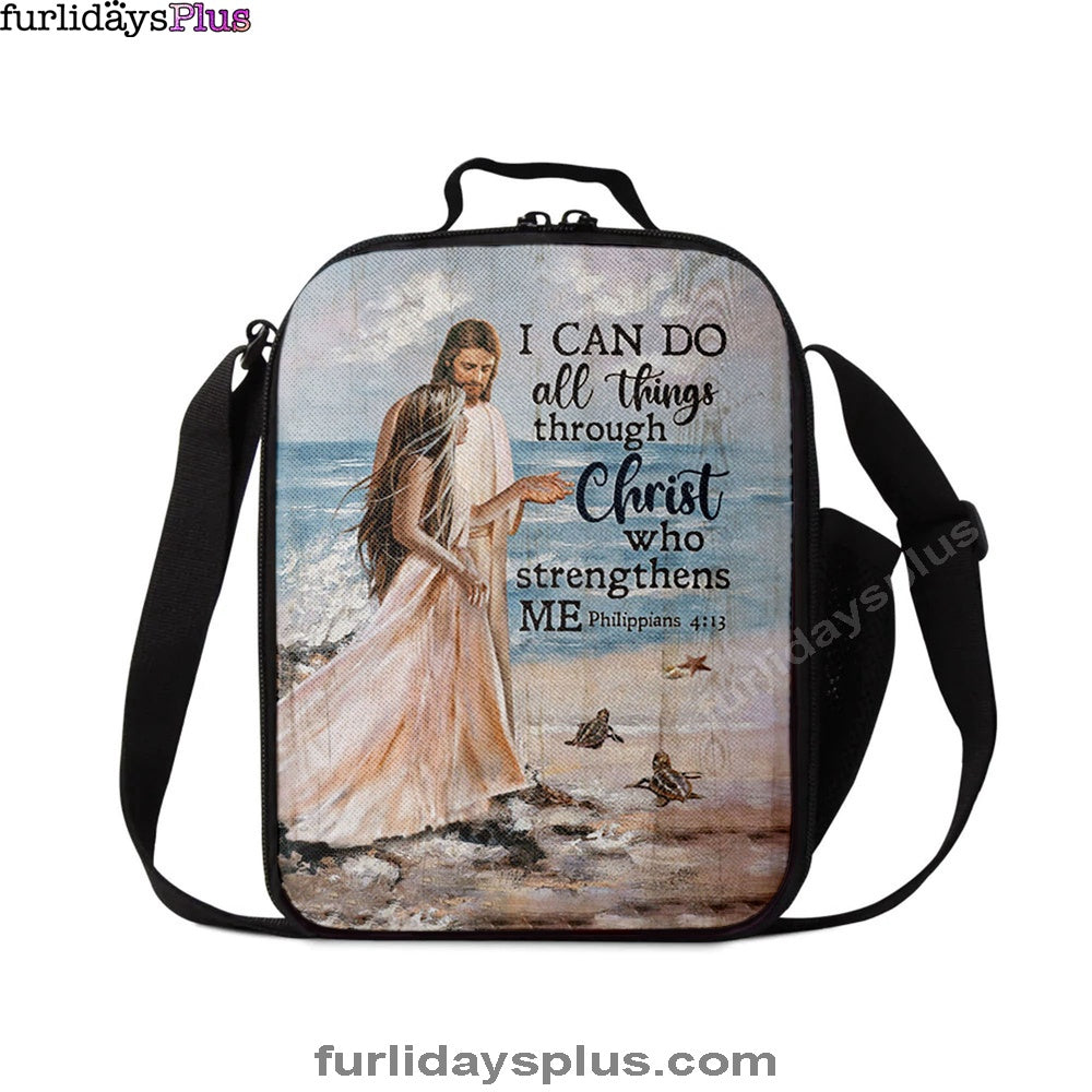 Christian Lunch Bag, Lunch Bag, I Can Do All Things Through Christ Who Strengthens Me Lunchbag, Jesus And Girl On The Beach Lunch Bag
