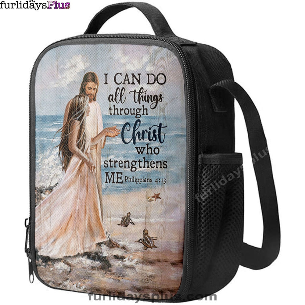 Christian Lunch Bag, Lunch Bag, I Can Do All Things Through Christ Who Strengthens Me Lunchbag, Jesus And Girl On The Beach Lunch Bag