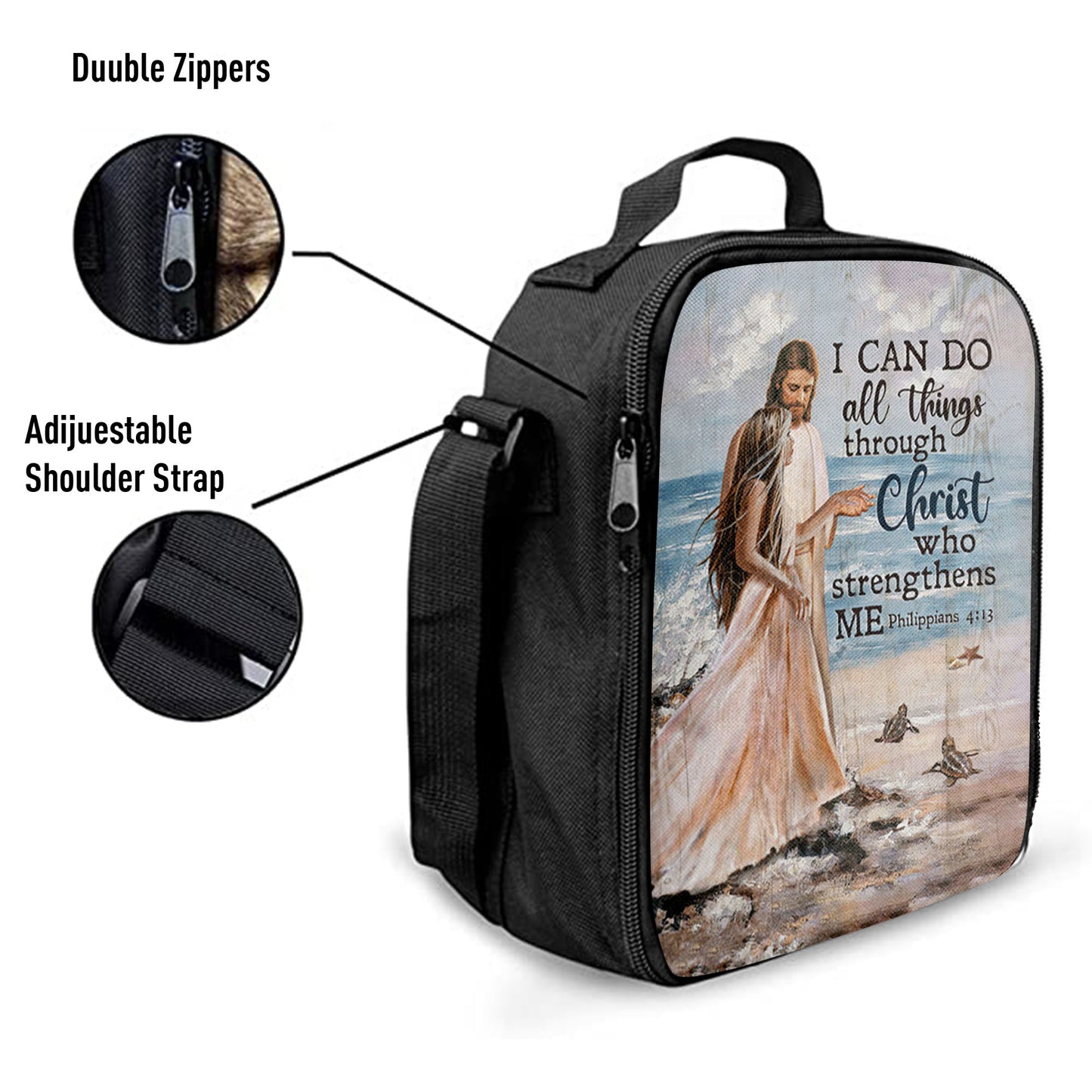 Christian Lunch Bag, Lunch Bag, I Can Do All Things Through Christ Who Strengthens Me Lunchbag, Jesus And Girl On The Beach Lunch Bag