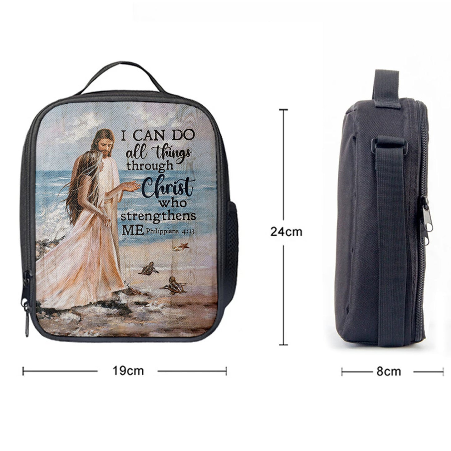 Christian Lunch Bag, Lunch Bag, I Can Do All Things Through Christ Who Strengthens Me Lunchbag, Jesus And Girl On The Beach Lunch Bag