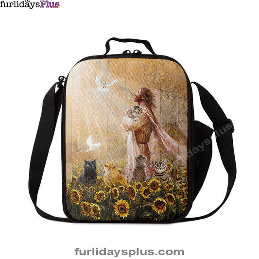 Christian Lunch Bag, Lunch Bag, Jesus And Cat Sunflower Garden Lunchbag , Gift For Cat Lover, Lunch Bags For Adults