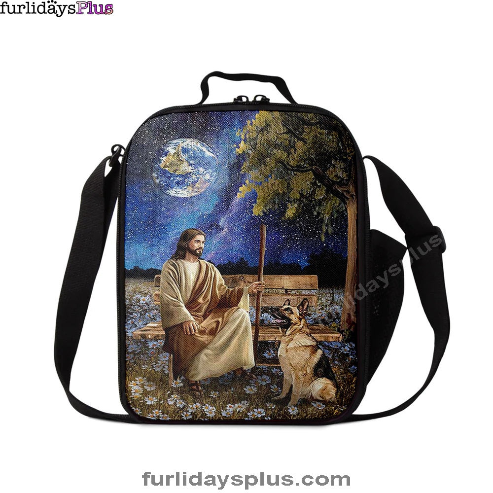 Christian Lunch Bag, Lunch Bag, Jesus And German Shepherd Dog Daisy Field Lunch Bag, Lunch Bags For Adults