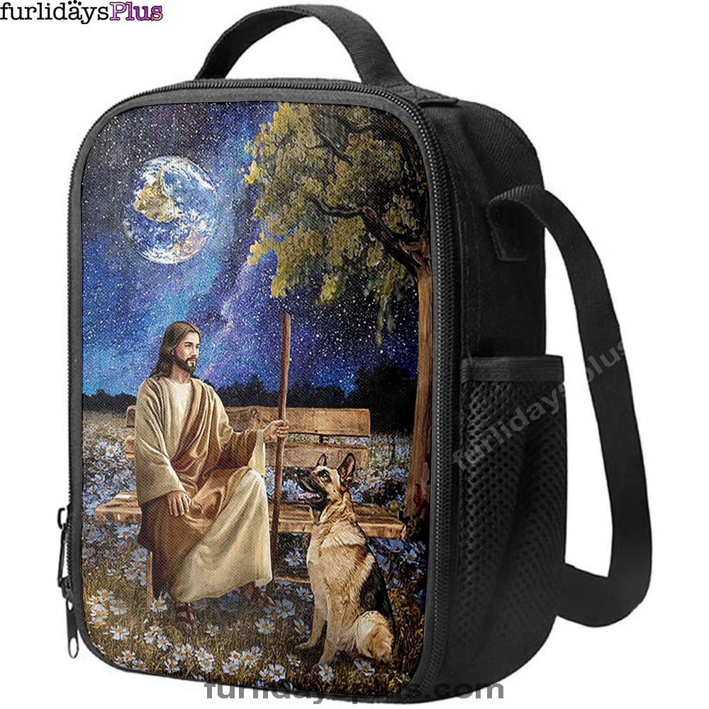 Christian Lunch Bag, Lunch Bag, Jesus And German Shepherd Dog Daisy Field Lunch Bag, Lunch Bags For Adults