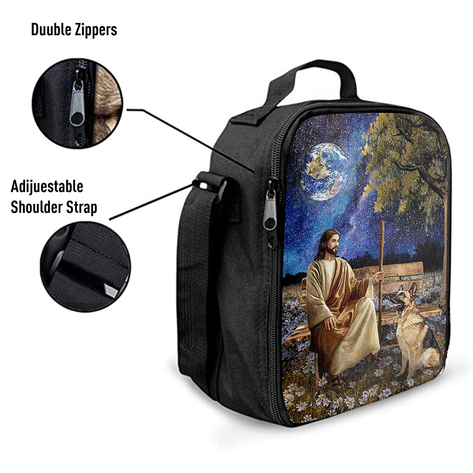 Christian Lunch Bag, Lunch Bag, Jesus And German Shepherd Dog Daisy Field Lunch Bag, Lunch Bags For Adults