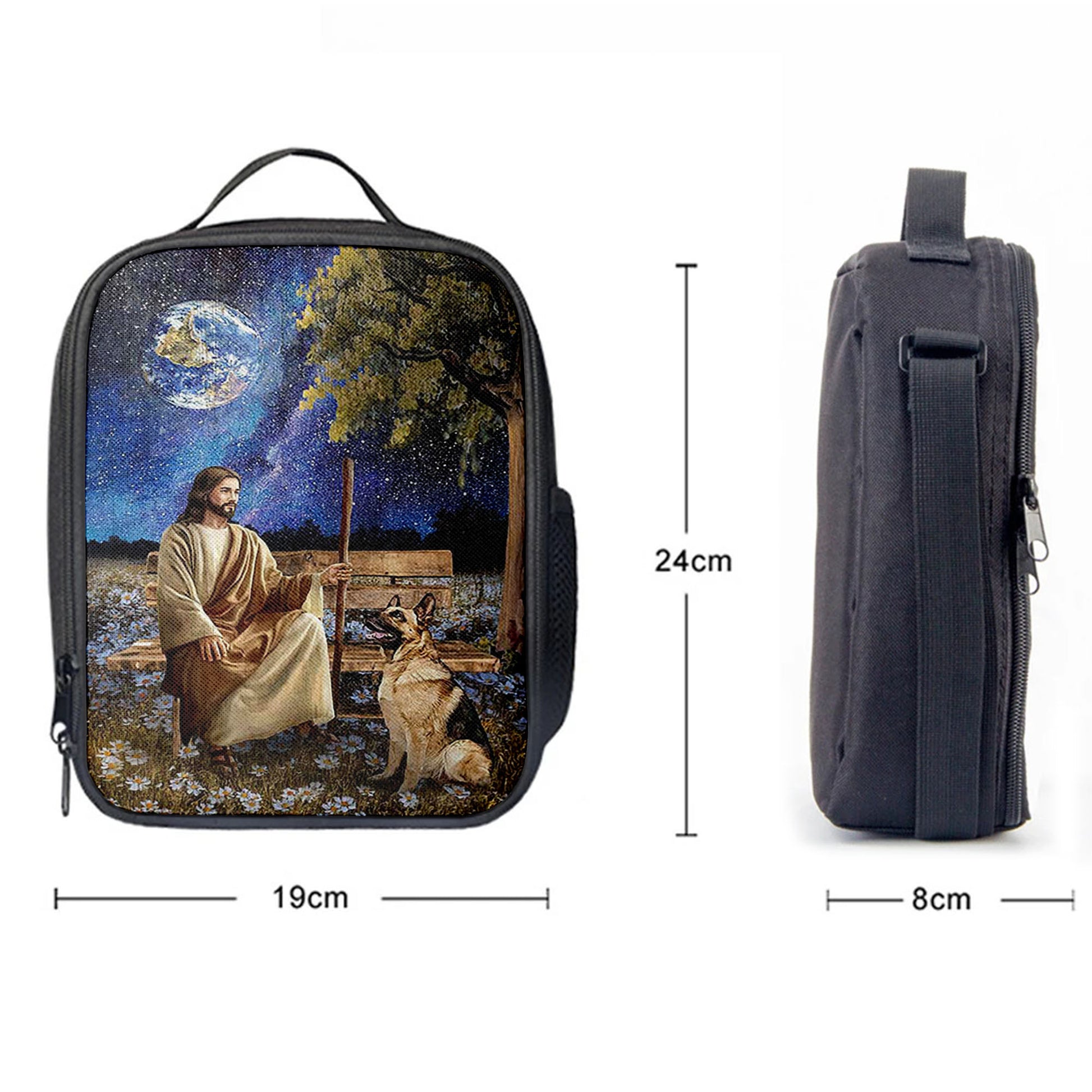 Christian Lunch Bag, Lunch Bag, Jesus And German Shepherd Dog Daisy Field Lunch Bag, Lunch Bags For Adults