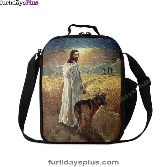 Christian Lunch Bag, Lunch Bag, Jesus And German Shepherd Dog Walking Rice Field Lunch Bag, Gift For Dog Lover, Lunch Bags For Adults