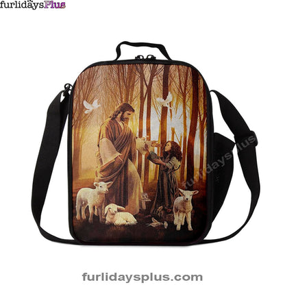 Christian Lunch Bag, Lunch Bag, Jesus Little Girl Lamb Of God White Dove Lunch Bag, Lunch Bags For Adults