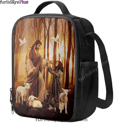 Christian Lunch Bag, Lunch Bag, Jesus Little Girl Lamb Of God White Dove Lunch Bag, Lunch Bags For Adults