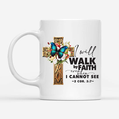Christian Mug, 2 Cor 57 Walk By Faith Butterfly Cross Coffee Mug, Religious Coffee Mugs, Scripture Coffee Mugs