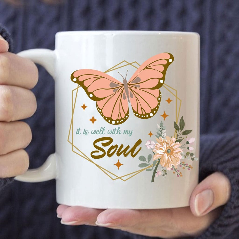 Christian Mug, Flowers Butterfly It Is Well With My Soul Mug, Religious Coffee Mugs, Scripture Coffee Mugs