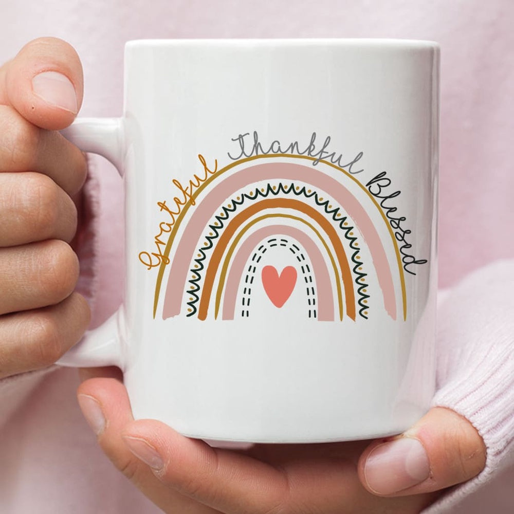 Christian Mug, Grateful Thankful Blessed Rainbow Coffee Mug, Religious Coffee Mugs, Scripture Coffee Mugs