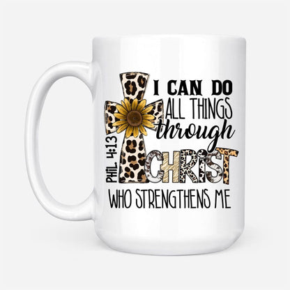 Christian Mug, Philippians 413 I Can Do All Things Through Christ, Leopard Cross, Coffee Mug, Religious Coffee Mugs, Scripture Coffee Mugs