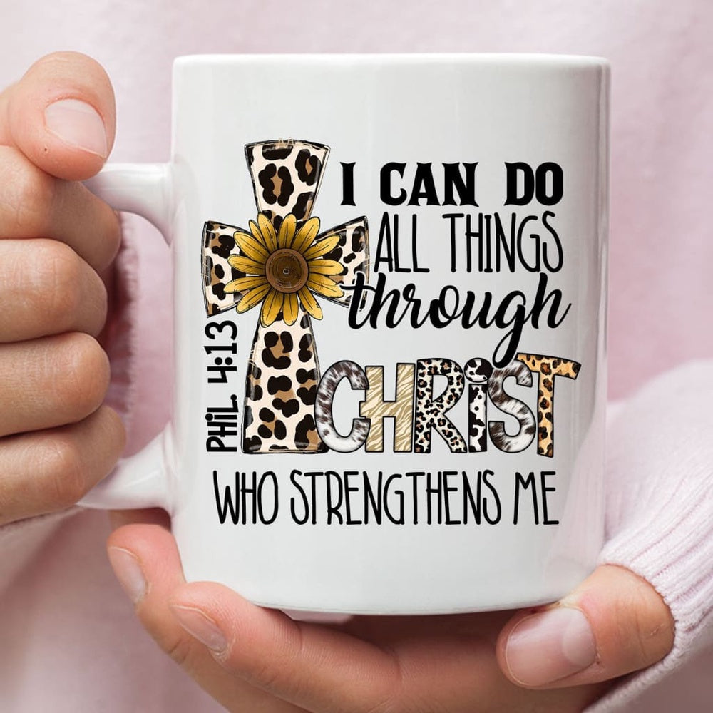 Christian Mug, Philippians 413 I Can Do All Things Through Christ, Leopard Cross, Coffee Mug, Religious Coffee Mugs, Scripture Coffee Mugs