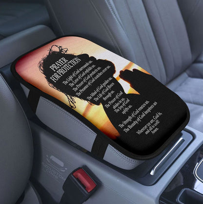 Christian Patriotic In This House We Stand For The Flag And Kneel For The Cross Car Center Console Cover, Bible Verse Armrest Pad Cover