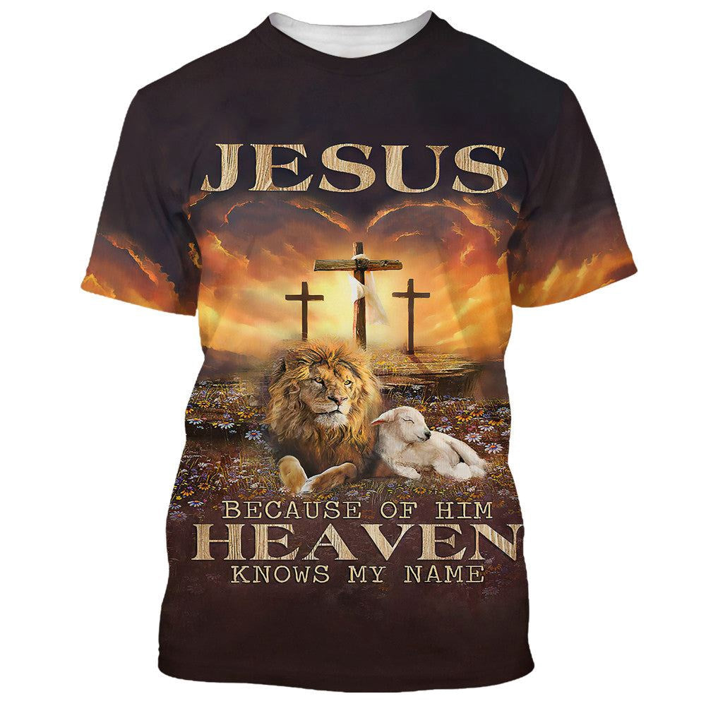 Christian T Shirt, Jesus Lion And Lamb Jesus Because Of Him Heaven Knows My Name All Over Print T-Shirt, Religious Shirts