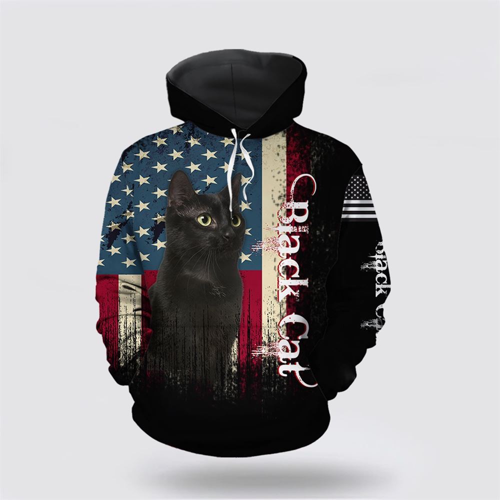 Christmas 3D Hoodie, American Black Cat All Over Print 3D Hoodie