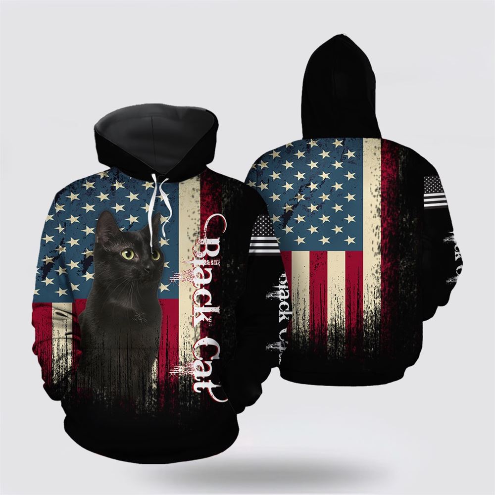 Christmas 3D Hoodie, American Black Cat All Over Print 3D Hoodie