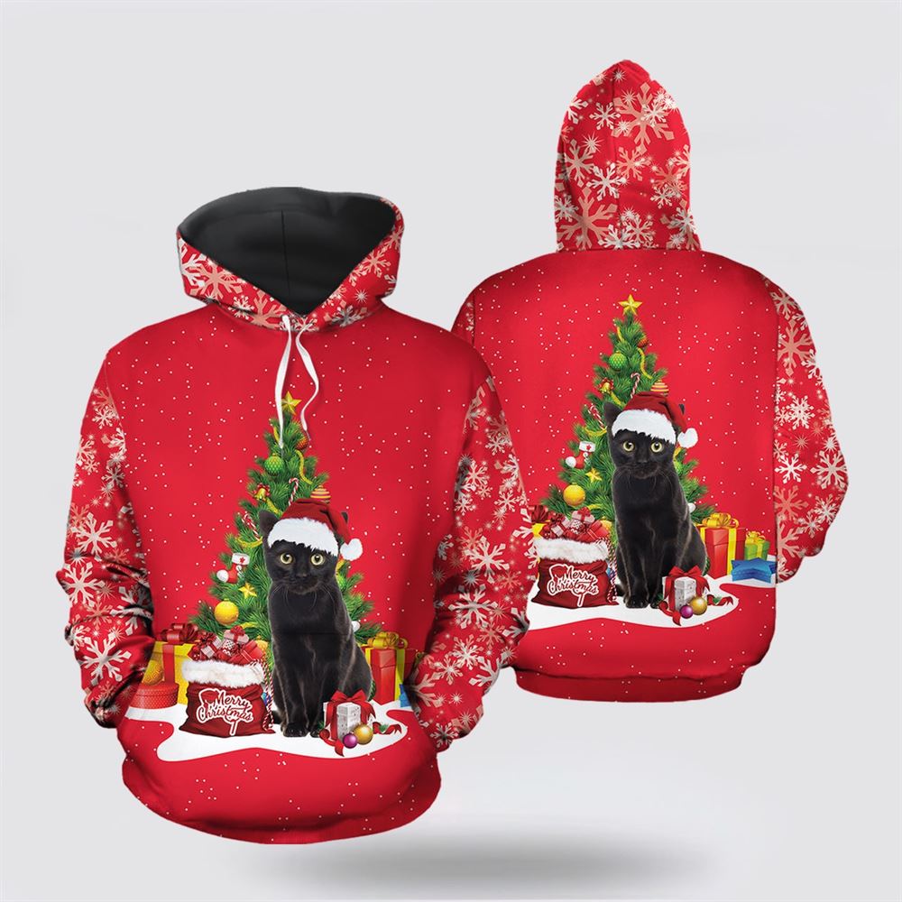 Christmas 3D Hoodie, Black Cat Christmas Tree All Over Print 3D Hoodie