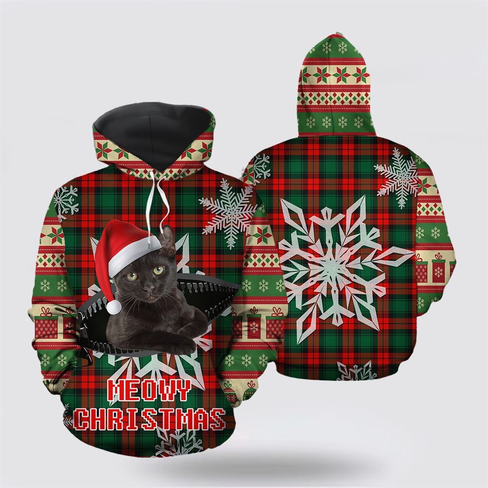 Christmas 3D Hoodie, Black Cat Meowy Christmas 2 All Over Print 3D Hoodie