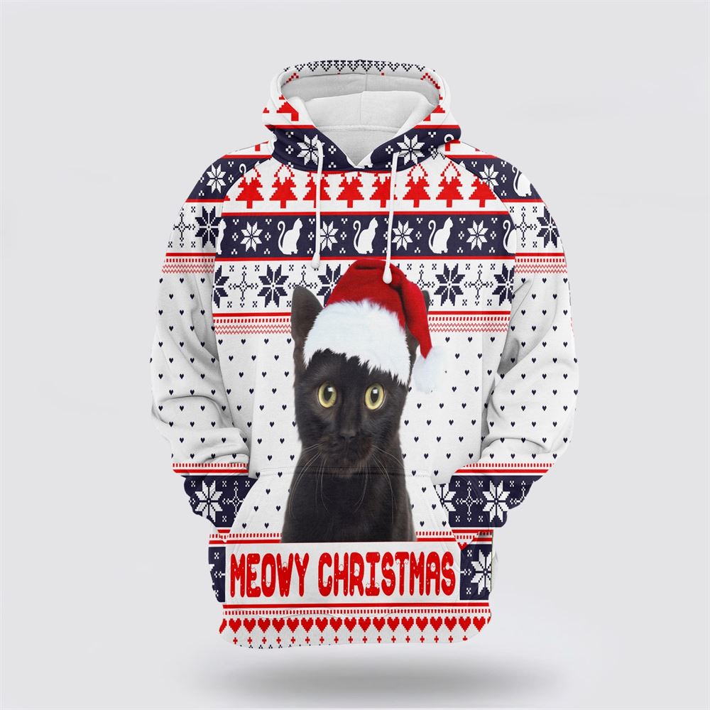 Christmas 3D Hoodie, Black Cat Meowy Christmas All Over Print 3D Hoodie