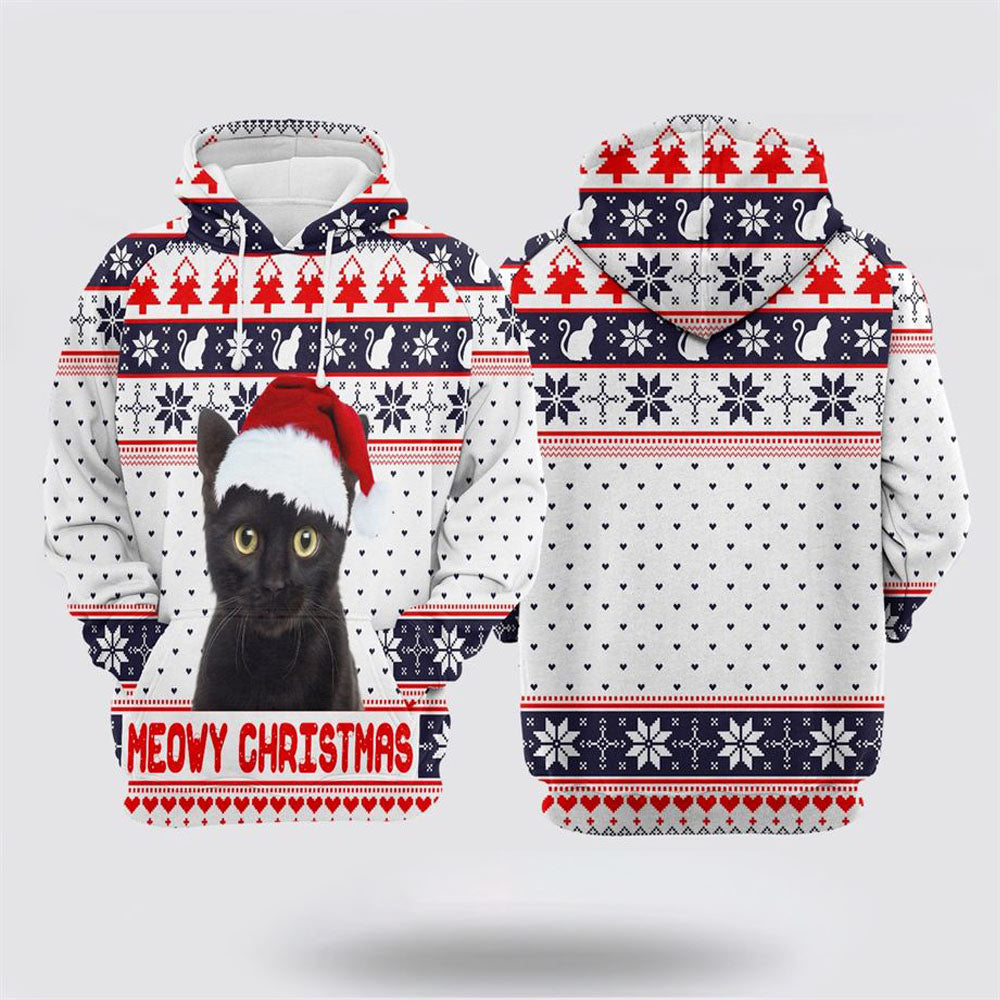 Christmas 3D Hoodie, Black Cat Meowy Christmas All Over Print 3D Hoodie