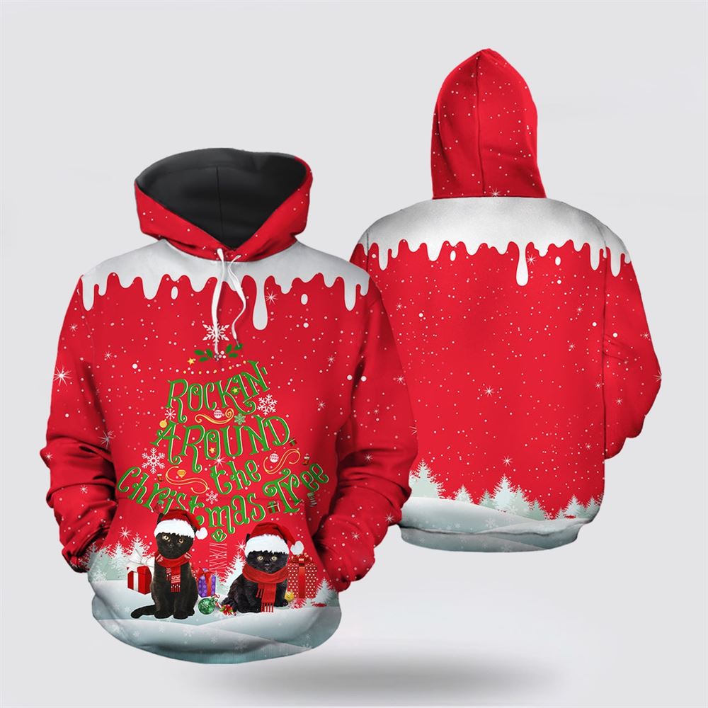 Christmas 3D Hoodie, Black Cat Rocking Around The Christmas Tree All Over Print 3D Hoodie