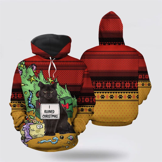 Christmas 3D Hoodie, Black Cat Ruined Christmas All Over Print 3D Hoodie