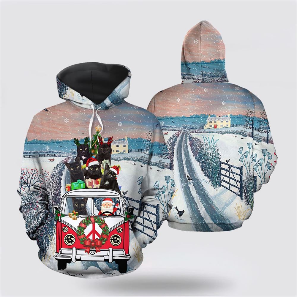 Christmas 3D Hoodie, Black Cat Santa Christmas All Over Print 3D Hoodie