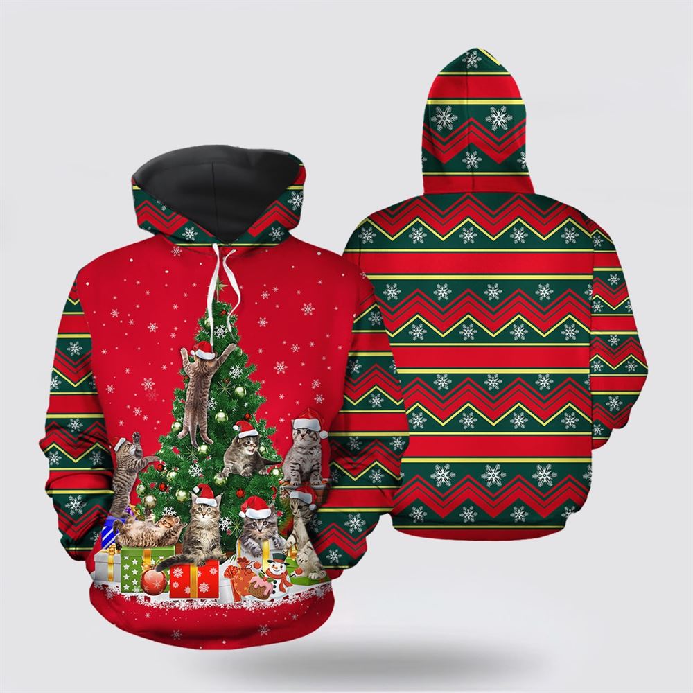 Christmas 3D Hoodie, Cat Christmas Tree 1 All Over Print 3D Hoodie