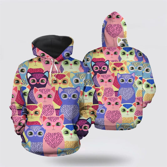 Christmas 3D Hoodie, Cat Colorful Group All Over Print 3D Hoodie