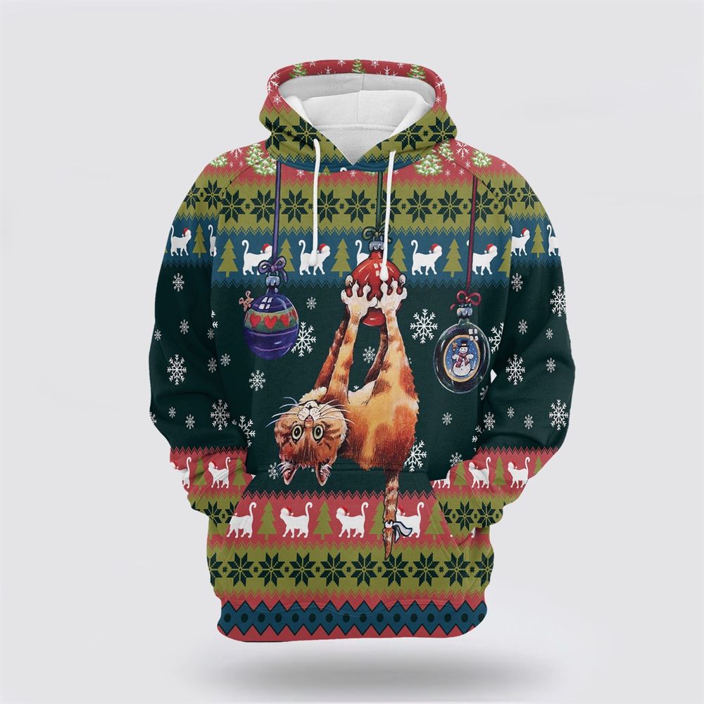 Christmas 3D Hoodie, Cat Hanging On Christmas Tree All Over Print 3D Hoodie