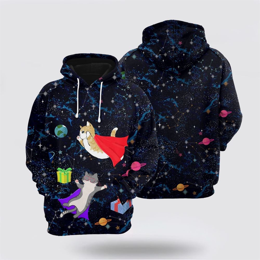 Christmas 3D Hoodie, Cat Space All Over Print 3D Hoodie