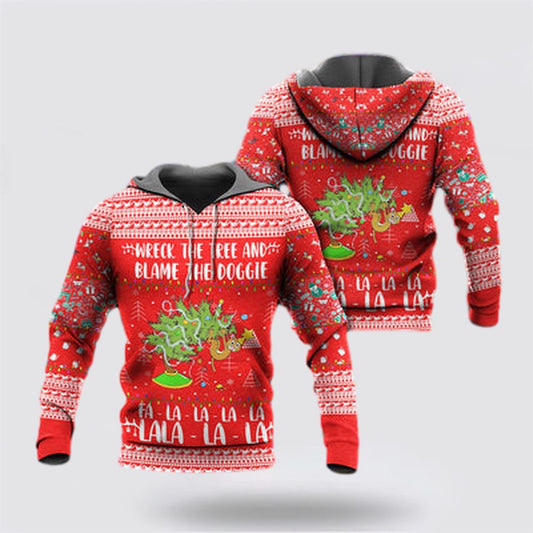 Christmas 3D Hoodie, Cat Wreck The Tree Christmas Red Style All Over Print 3D Hoodie