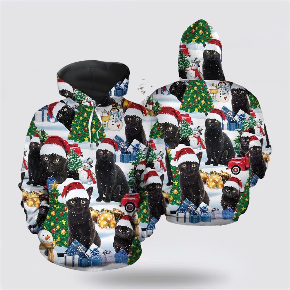 Christmas 3D Hoodie, Christmas Black Cat 2 All Over Print 3D Hoodie