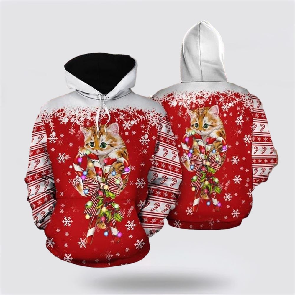 Christmas 3D Hoodie, Christmas Cat And Candy Cane All Over Print 3D Hoodie