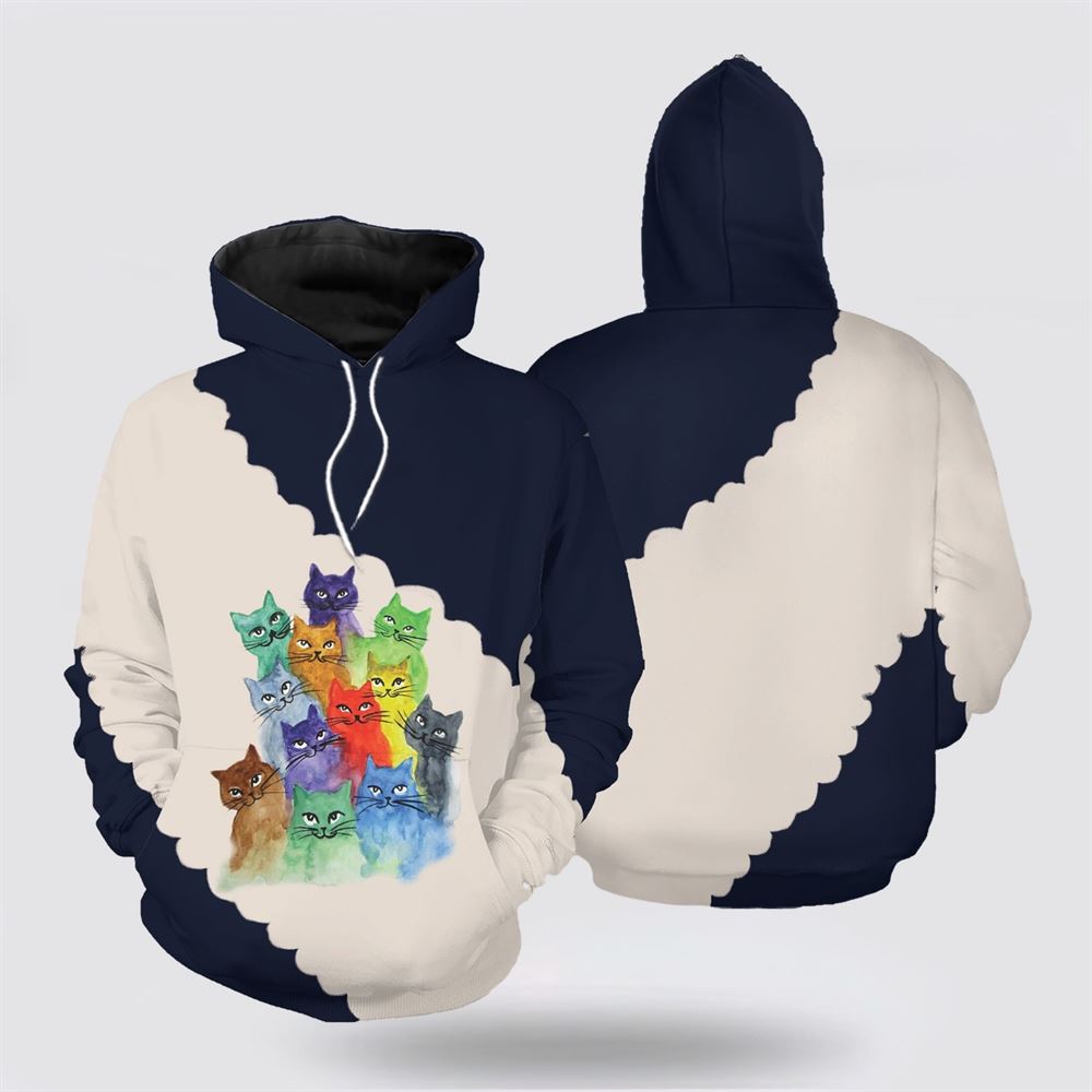 Christmas 3D Hoodie, Colorful Gradient Cat All Over Print 3D Hoodie