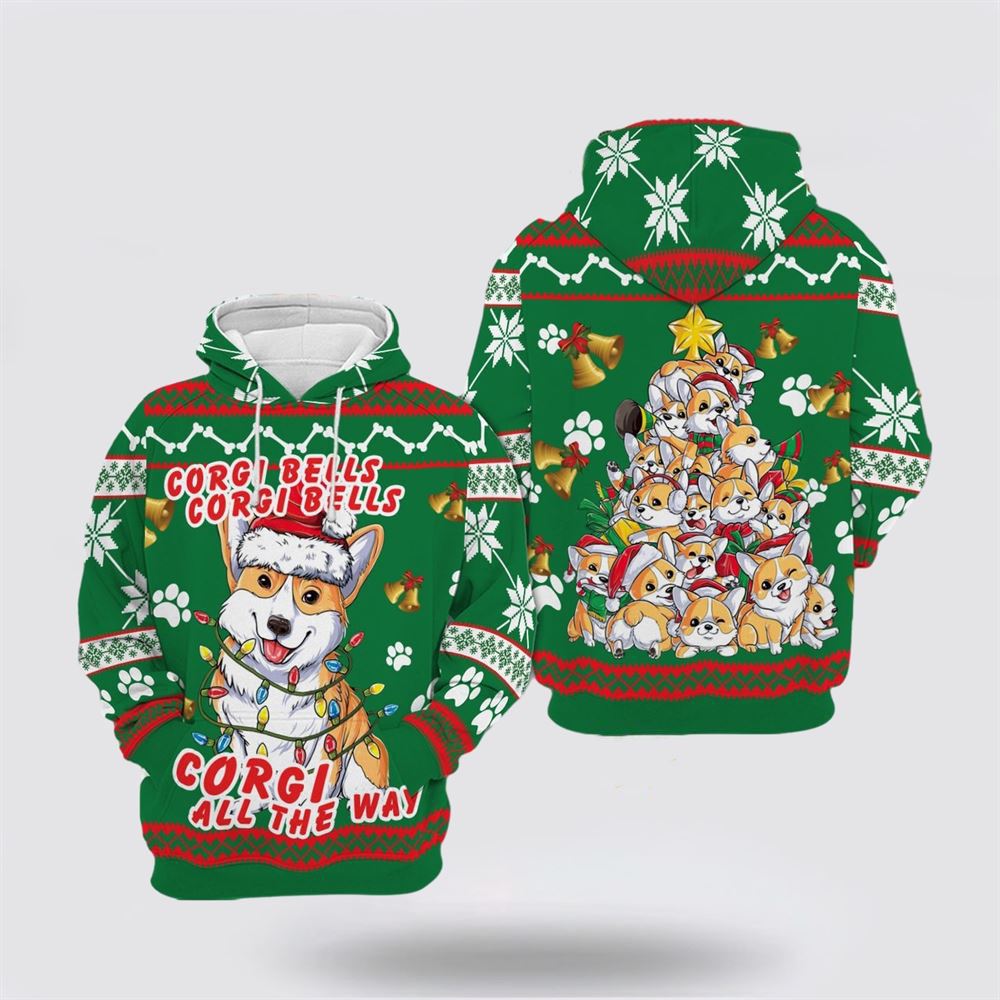 Christmas 3D Hoodie, Corgi Dog Bells Christmas All Over Print 3D Hoodie