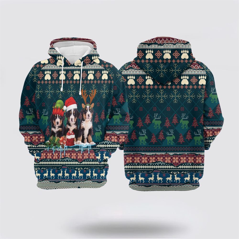 Christmas 3D Hoodie, Cute Bernese Mountain Dog Christmas All Over Print 3D Hoodie